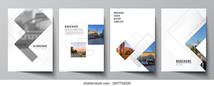 Vector layout of A4 format cover mockups design templates with geometric simple shapes, lines and photo place for brochure, flyer layout, booklet, cover design, book, brochure cover.