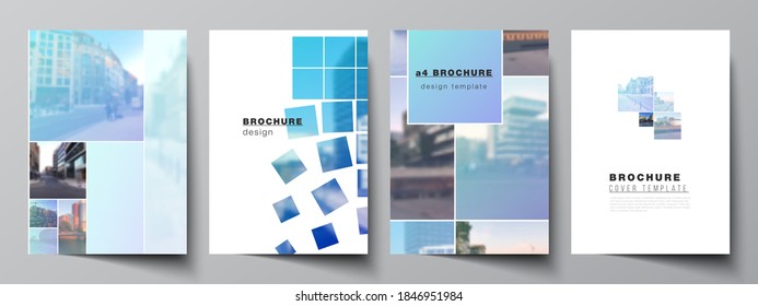 Vector layout of A4 format cover mockups templates for brochure, flyer layout, booklet, cover design, book design, brochure cover. Abstract design project in geometric style with blue squares.