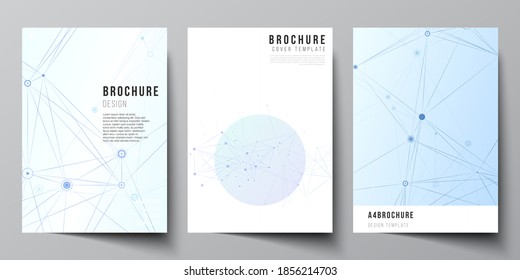 Vector layout of A4 format cover mockups templates for brochure, flyer layout, booklet, cover design, book design, brochure cover. Blue medical background with connecting lines and dots, plexus