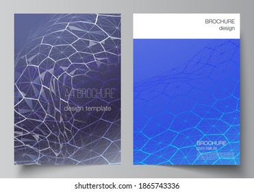 Vector layout of A4 format cover mockups design templates for brochure, flyer. Digital technology and big data concept with hexagons, connecting dots and lines, polygonal science medical background.