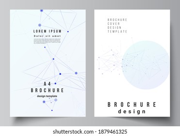 Vector layout of A4 format cover mockups templates for brochure, flyer layout, booklet, cover design, book design, brochure cover. Blue medical background with connecting lines and dots, plexus