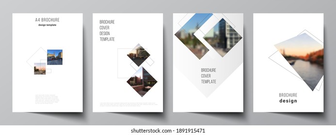 Vector layout of A4 format cover mockups design templates with geometric simple shapes, lines and photo place for brochure, flyer layout, booklet, cover design, book, brochure cover.