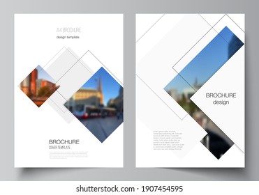 Vector layout of A4 format cover mockups design templates with geometric simple shapes, lines and photo place for brochure, flyer layout, booklet, cover design, book, brochure cover.