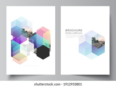 Vector layout of A4 format cover mockups design templates with abstract shapes and colors for brochure, flyer layout, booklet, cover design, book design, brochure cover.