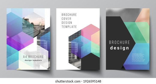 Vector layout of A4 format cover mockups design templates with abstract shapes and colors for brochure, flyer layout, booklet, cover design, book design, brochure cover.