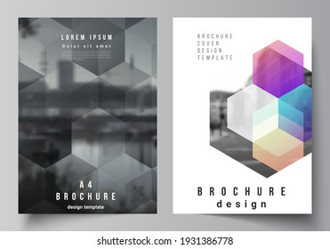 Vector layout of A4 format cover mockups design templates with colorful hexagons, geometric shapes, tech background for brochure, flyer layout, booklet, cover design, book design, brochure cover.