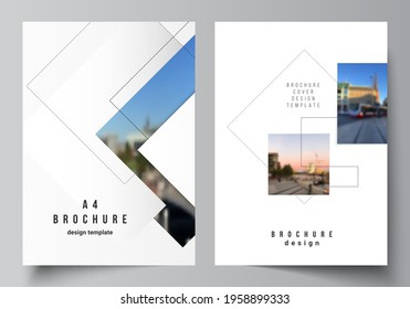 Vector layout of A4 format cover mockups design templates with geometric simple shapes, lines and photo place for brochure, flyer layout, booklet, cover design, book, brochure cover.