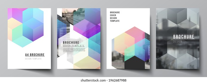 Vector layout of A4 format cover mockups design templates with colorful hexagons, geometric shapes, tech background for brochure, flyer layout, booklet, cover design, book design, brochure cover.