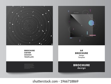 Vector layout of A4 format cover mockups design templates for brochure, flyer layout, booklet, cover design, book design, brochure cover. Tech science future background, space astronomy concept.