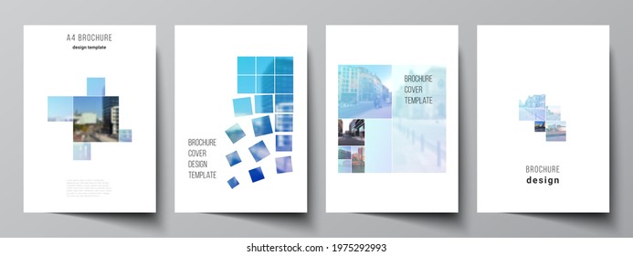 Vector layout of A4 format cover mockups templates for brochure, flyer layout, booklet, cover design, book design, brochure cover. Abstract design project in geometric style with blue squares.