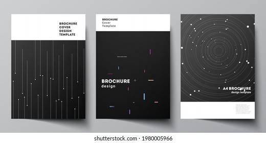 Diseño vectorial de modelos de diseño de portadas en formato A4 para folletos, diseño de volantes, folleto, diseño de portadas, diseño de libros, portada de folletos. Antecedentes de la ciencia tecnológica en el futuro, concepto de astronomía espacial.