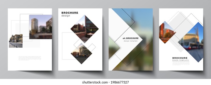 Vector layout of A4 format cover mockups design templates with geometric simple shapes, lines and photo place for brochure, flyer layout, booklet, cover design, book, brochure cover.