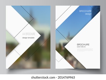 Vector layout of A4 format cover mockups design templates with geometric simple shapes, lines and photo place for brochure, flyer layout, booklet, cover design, book, brochure cover.