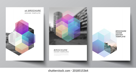 Vector layout of A4 format cover mockups design templates with colorful hexagons, geometric shapes, tech background for brochure, flyer layout, booklet, cover design, book design, brochure cover