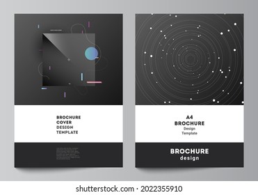 Vector layout of A4 format cover mockups design templates for brochure, flyer layout, booklet, cover design, book design, brochure cover. Tech science future background, space astronomy concept