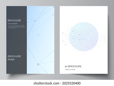 Diseño vectorial de las plantillas de simulación de portadas en formato A4 para folletos, diseño de volantes, folleto, diseño de portadas, diseño de libros, portada de folletos. Fondo médico azul con líneas y puntos de conexión, plexus