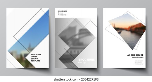 Vector layout of A4 format cover mockups design templates with geometric simple shapes, lines and photo place for brochure, flyer layout, booklet, cover design, book, brochure cover.