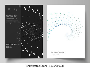 The vector layout of A4 format modern cover mockups design templates for brochure, magazine, flyer, booklet, annual report. Geometric technology background. Abstract monochrome vortex trail