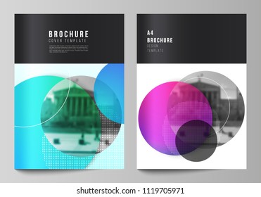 The vector layout of A4 format modern cover mockups design templates for brochure, magazine, flyer, booklet, annual report. Creative modern bright background with colorful circles and round shapes