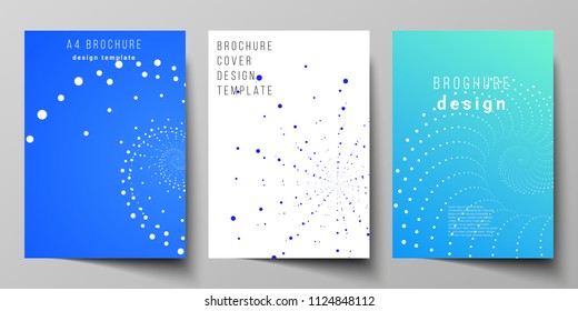 The vector layout of A4 format modern cover mockups design templates for brochure, magazine, flyer, booklet, annual report. Geometric technology background. Abstract monochrome vortex trail.