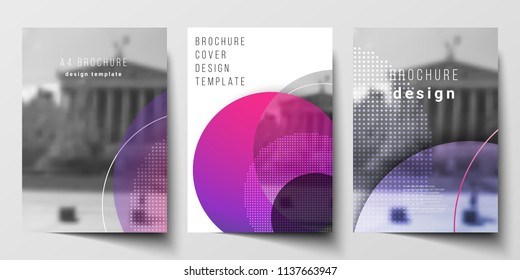 The vector layout of A4 format modern cover mockups design templates for brochure, magazine, flyer, booklet, annual report. Creative modern bright background with colorful circles and round shapes