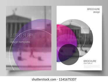 The vector layout of A4 format modern cover mockups design templates for brochure, magazine, flyer, booklet, annual report. Creative modern bright background with colorful circles and round shapes