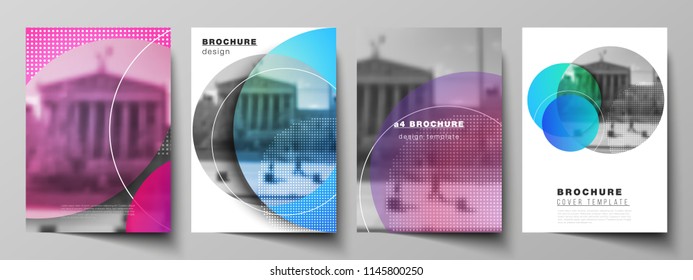 The vector layout of A4 format modern cover mockups design templates for brochure, magazine, flyer, booklet, annual report. Creative modern bright background with colorful circles and round shapes