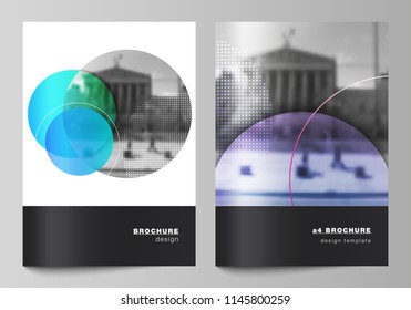 The vector layout of A4 format modern cover mockups design templates for brochure, magazine, flyer, booklet, annual report. Creative modern bright background with colorful circles and round shapes