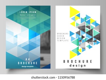 The vector layout of A4 format modern cover mockups design templates for brochure, magazine, flyer, booklet, annual report. Blue color polygonal background with triangles, colorful mosaic pattern.