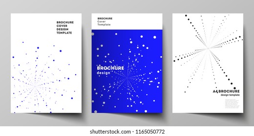 The vector layout of A4 format modern cover mockups design templates for brochure, magazine, flyer, booklet, annual report. Geometric technology background. Abstract monochrome vortex trail.