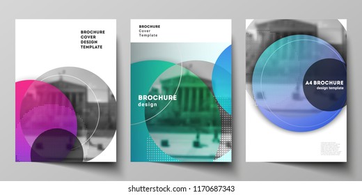 The vector layout of A4 format modern cover mockups design templates for brochure, magazine, flyer, booklet, annual report. Creative modern bright background with colorful circles and round shapes