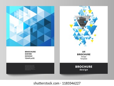 The vector layout of A4 format modern cover mockups design templates for brochure, magazine, flyer, booklet, annual report. Blue color polygonal background with triangles, colorful mosaic pattern
