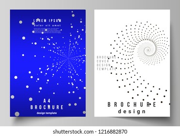 The vector layout of A4 format modern cover mockups design templates for brochure, magazine, flyer, booklet, annual report. Geometric technology background. Abstract monochrome vortex trail.