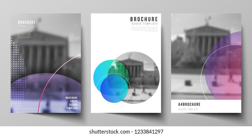 The vector layout of A4 format modern cover mockups design templates for brochure, magazine, flyer, booklet, annual report. Creative modern bright background with colorful circles and round shapes