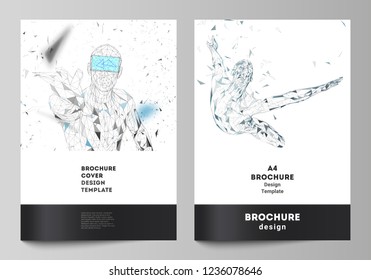 The vector layout of A4 format modern cover mockups design templates for brochure, magazine, flyer, booklet, annual report. Man with glasses of virtual reality. Abstract vr, future technology concept.