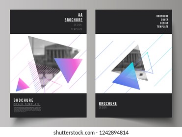 The vector layout of A4 format modern cover mockups design templates for brochure, magazine, flyer, booklet, annual report. Colorful polygonal background with triangles with modern memphis pattern.