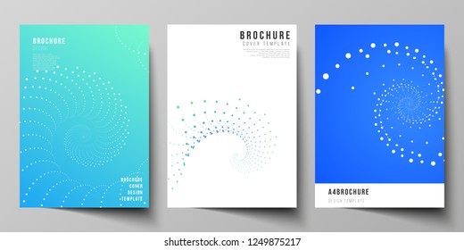 The vector layout of A4 format modern cover mockups design templates for brochure, magazine, flyer, booklet, annual report. Geometric technology background. Abstract monochrome vortex trail.