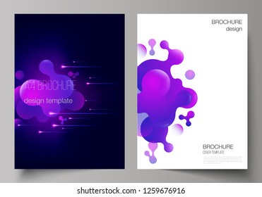 The vector layout of A4 format modern cover mockups design templates for brochure, magazine, flyer, booklet, annual report. Black background with fluid gradient, liquid blue colored geometric element.