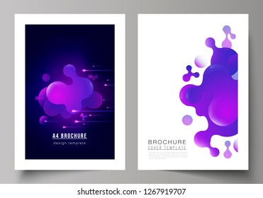 The vector layout of A4 format modern cover mockups design templates for brochure, magazine, flyer, booklet, annual report. Black background with fluid gradient, liquid blue colored geometric element.