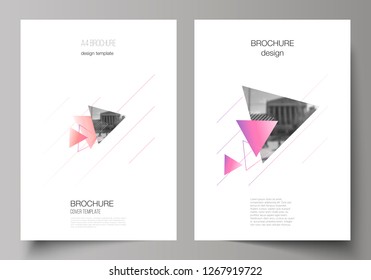 The vector layout of A4 format modern cover mockups design templates for brochure, magazine, flyer, booklet, annual report. Colorful polygonal background with triangles with modern memphis pattern.
