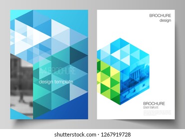 The vector layout of A4 format modern cover mockups design templates for brochure, magazine, flyer, booklet, annual report. Blue color polygonal background with triangles, colorful mosaic pattern.