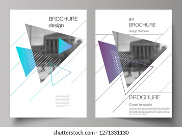 The vector layout of A4 format modern cover mockups design templates for brochure, magazine, flyer, booklet, annual report. Colorful polygonal background with triangles with modern memphis pattern.