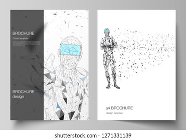 The vector layout of A4 format modern cover mockups design templates for brochure, magazine, flyer, booklet, annual report. Man with glasses of virtual reality. Abstract vr, future technology concept.