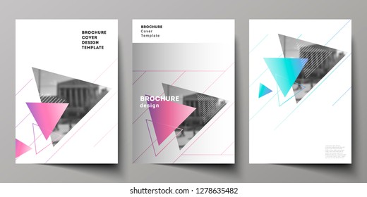The vector layout of A4 format modern cover mockups design templates for brochure, magazine, flyer, booklet, annual report. Colorful polygonal background with triangles with modern memphis pattern.