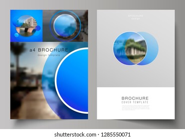The vector layout of A4 format modern cover mockups design templates for brochure, magazine, flyer, booklet, annual report. Creative modern blue background with circles and round shapes.