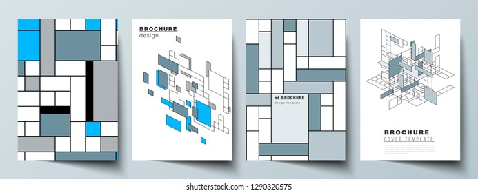 The vector layout of A4 format modern cover mockups design templates for brochure, flyer, booklet, annual report. Abstract polygonal background, colorful mosaic pattern, retro bauhaus de stijl design.
