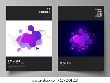 The vector layout of A4 format modern cover mockups design templates for brochure, magazine, flyer, booklet, annual report. Black background with fluid gradient, liquid blue colored geometric element.