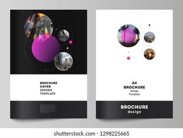 Vector layout of A4 format modern cover mockups design templates for brochure, flyer, booklet, report. Simple design futuristic concept. Creative background with circles that form planets and stars.