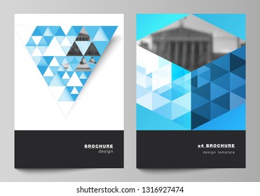The vector layout of A4 format modern cover mockups design templates for brochure, magazine, flyer, booklet, annual report. Blue color polygonal background with triangles, colorful mosaic pattern.