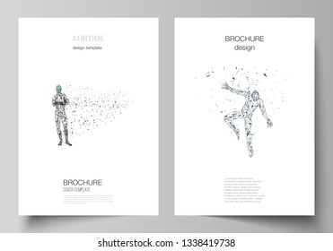 The vector layout of A4 format modern cover mockups design templates for brochure, magazine, flyer, booklet, annual report. Man with glasses of virtual reality. Abstract vr, future technology concept.